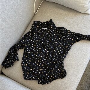 Reformation Black Floral Button-Up Top with Yellow & Light Blue Ditsy Print